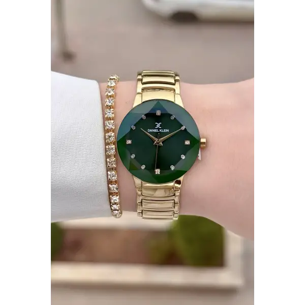 Kadranı Yeşil Kodronu Gold Renk 30 Mm Kadın Kol Saati ve Hediye Bileklik