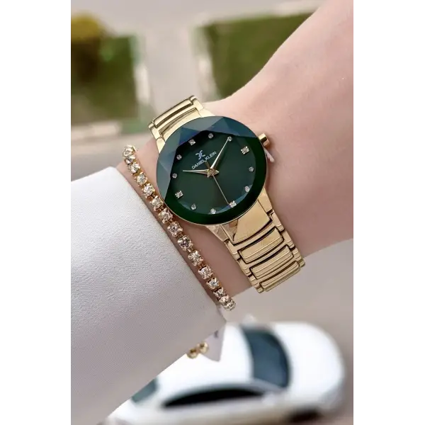 Kadranı Yeşil Kodronu Gold Renk 30 Mm Kadın Kol Saati ve Hediye Bileklik