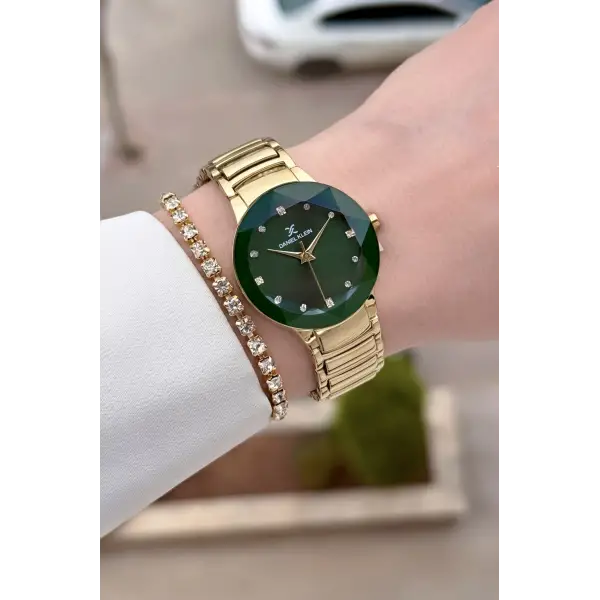 Kadranı Yeşil Kodronu Gold Renk 30 Mm Kadın Kol Saati ve Hediye Bileklik
