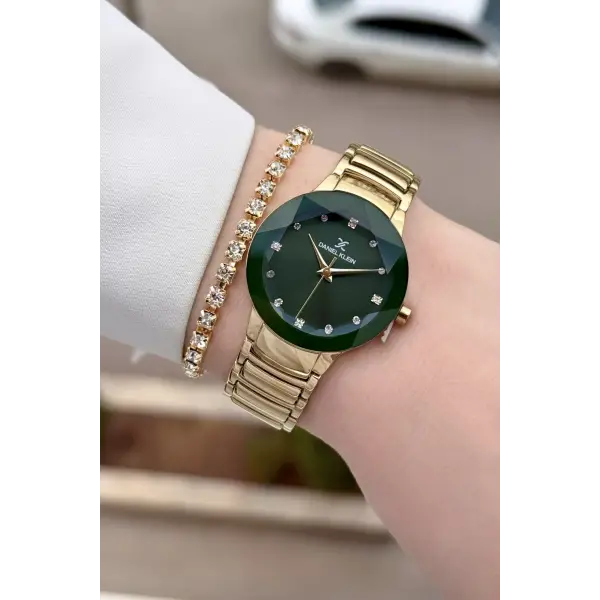 Kadranı Yeşil Kodronu Gold Renk 30 Mm Kadın Kol Saati ve Hediye Bileklik