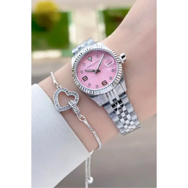 Kadranı Pembe Kordonu Gümüş Renk Kadın Kol Saati