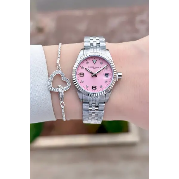 Kadranı Pembe Kordonu Gümüş Renk Kadın Kol Saati