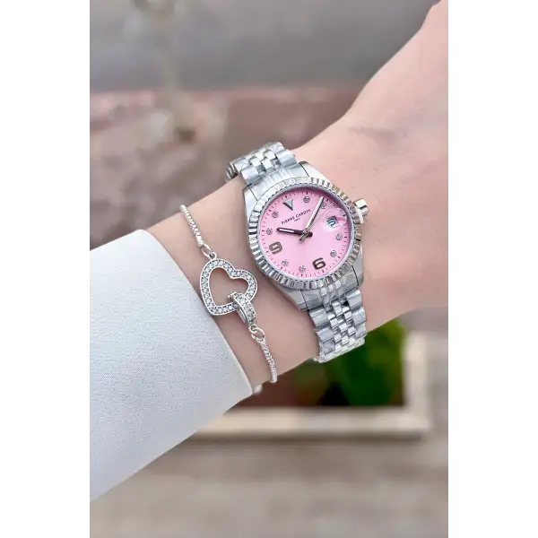 Kadranı Pembe Kordonu Gümüş Renk Kadın Kol Saati