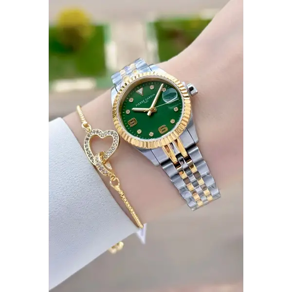 Kadranı Yeşil Kordonu Gold Gümüş Renk Kadın Kol Saati