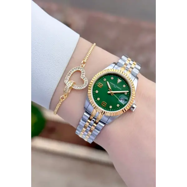 Kadranı Yeşil Kordonu Gold Gümüş Renk Kadın Kol Saati
