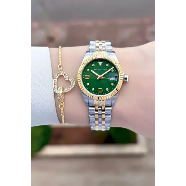 Kadranı Yeşil Kordonu Gold Gümüş Renk Kadın Kol Saati
