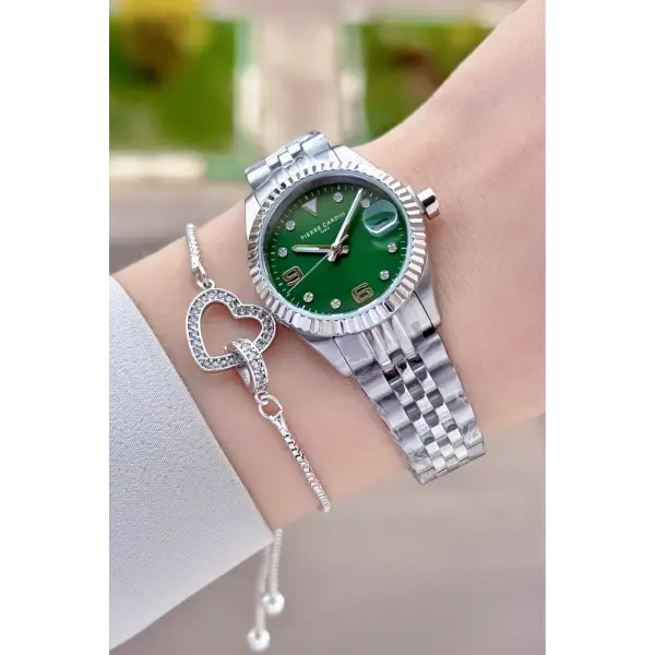 Kadranı Yeşil Kordonu Gümüş Renk Kadın Kol Saati