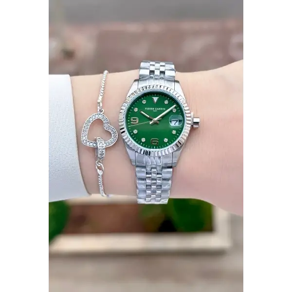 Kadranı Yeşil Kordonu Gümüş Renk Kadın Kol Saati