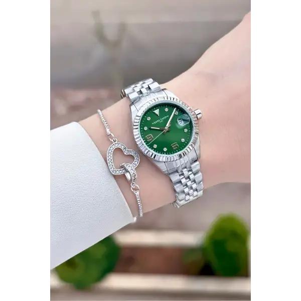 Kadranı Yeşil Kordonu Gümüş Renk Kadın Kol Saati