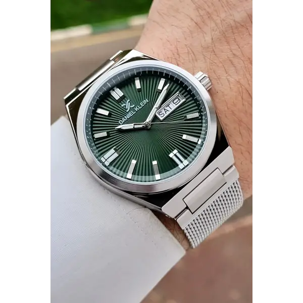 Gümüş Yeşil Renk Takvimli Erkek Kol Saati