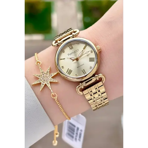 Gold Renk Kadın Kol Saati ve Bileklik