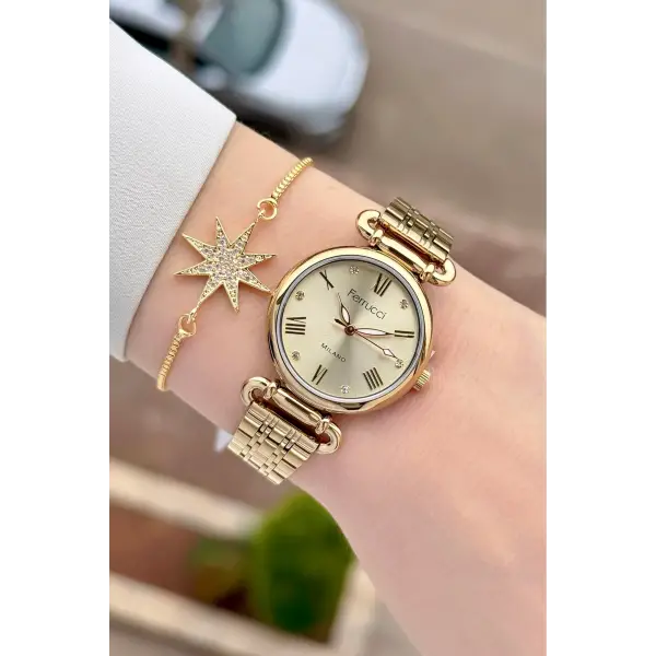 Gold Renk Kadın Kol Saati ve Bileklik