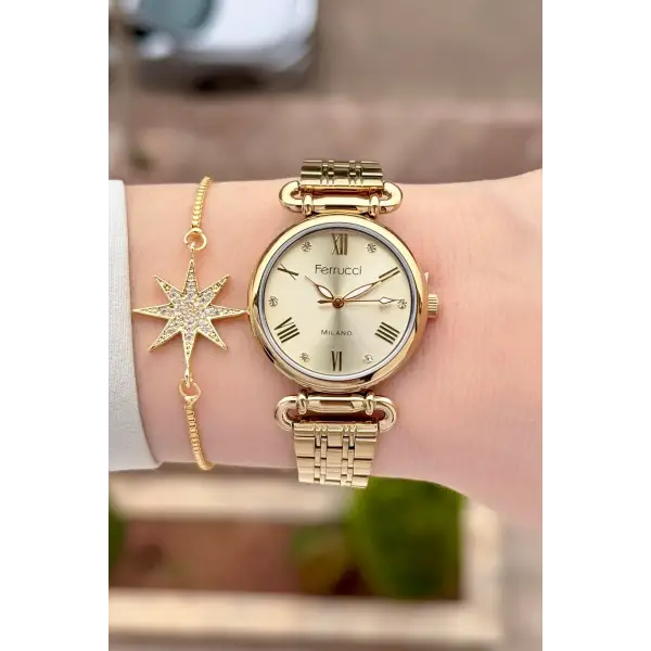 Gold Renk Kadın Kol Saati ve Bileklik