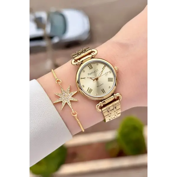 Gold Renk Kadın Kol Saati ve Bileklik