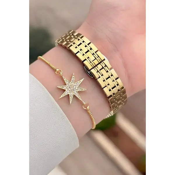 Gold Renk Kadın Kol Saati ve Bileklik