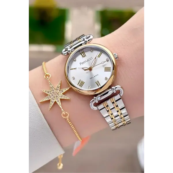 Gold Gümüş Renk Kadın Kol Saati ve Bileklik