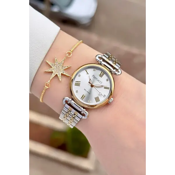 Gold Gümüş Renk Kadın Kol Saati ve Bileklik