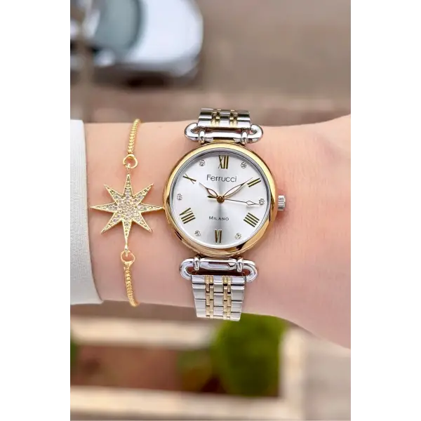 Gold Gümüş Renk Kadın Kol Saati ve Bileklik