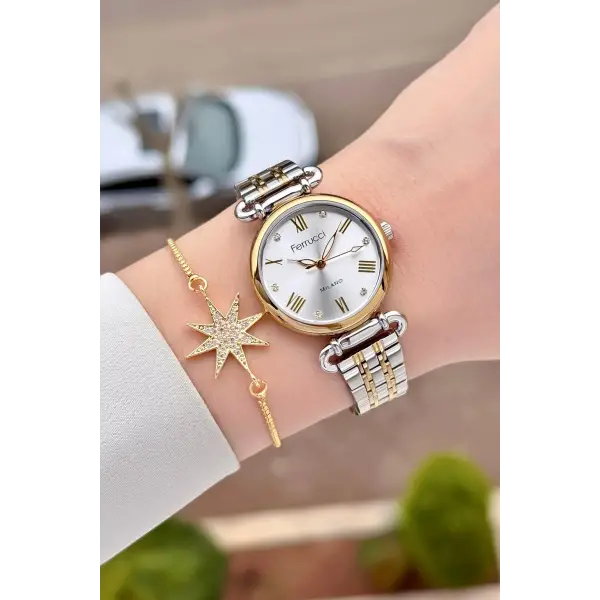 Gold Gümüş Renk Kadın Kol Saati ve Bileklik