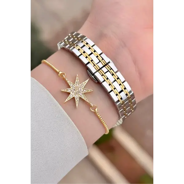 Gold Gümüş Renk Kadın Kol Saati ve Bileklik