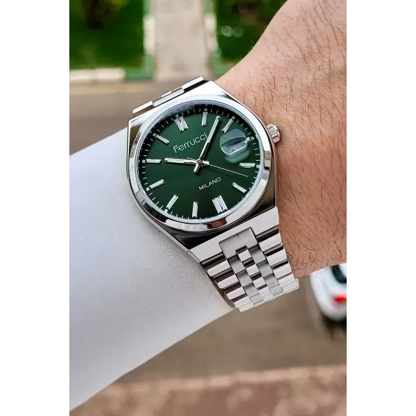 Kadranı Yeşil Kordonu Gümüş Renk 40 Mm Erkek Kol Saati