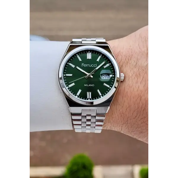 Kadranı Yeşil Kordonu Gümüş Renk 40 Mm Erkek Kol Saati