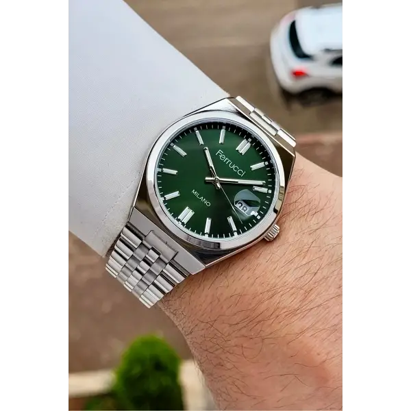 Kadranı Yeşil Kordonu Gümüş Renk 40 Mm Erkek Kol Saati