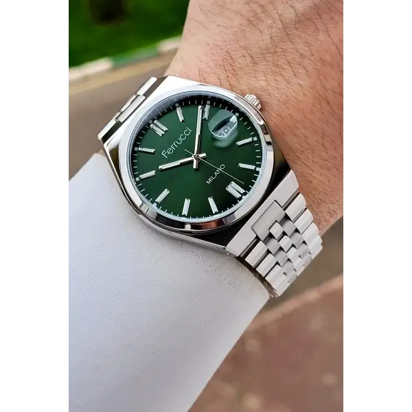 Kadranı Yeşil Kordonu Gümüş Renk 40 Mm Erkek Kol Saati