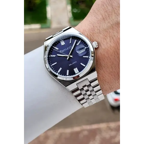 Kadranı Lacivert Kordonu Gümüş Renk 40 Mm Erkek Kol Saati