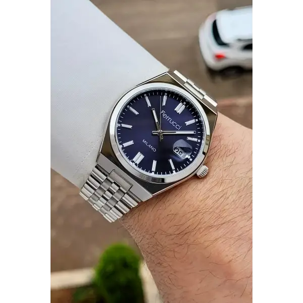 Kadranı Lacivert Kordonu Gümüş Renk 40 Mm Erkek Kol Saati