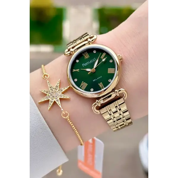 Kadranı Yeşil Kordonu Gold Renk 30 mm Kadın Kol Saati ve Bileklik