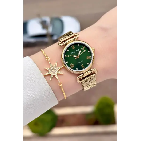 Kadranı Yeşil Kordonu Gold Renk 30 mm Kadın Kol Saati ve Bileklik