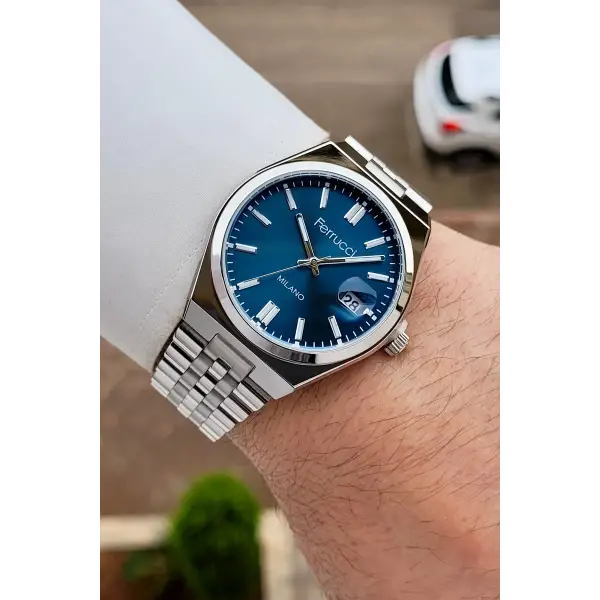 Kadranı Mavi Kordonu Gümüş Renk 40 Mm Erkek Kol Saati