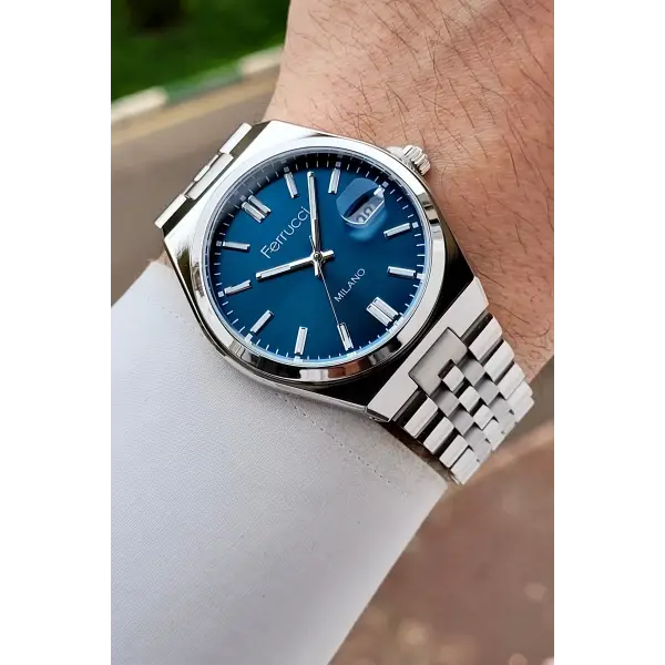 Kadranı Mavi Kordonu Gümüş Renk 40 Mm Erkek Kol Saati