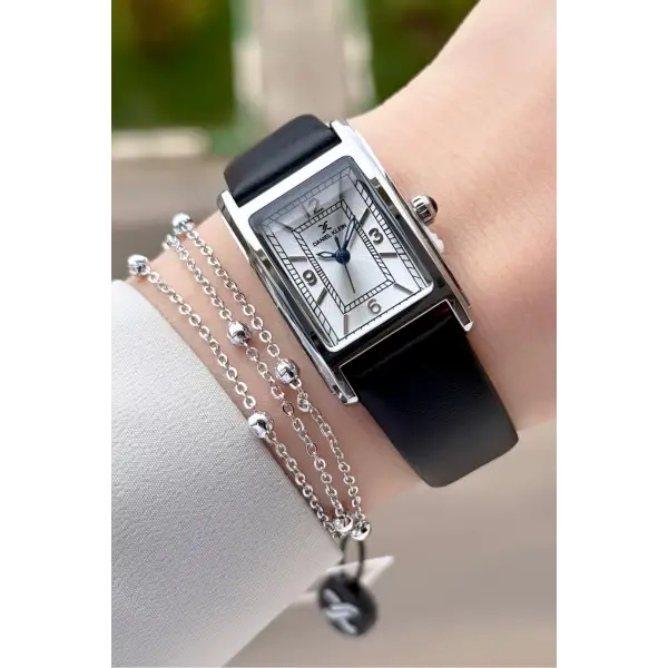 Kasası Gümüş Kordonu Siyah Renk Kadın Kol Saati ve Bileklik