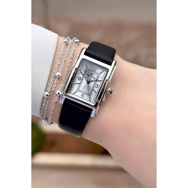 Kasası Gümüş Kordonu Siyah Renk Kadın Kol Saati ve Bileklik
