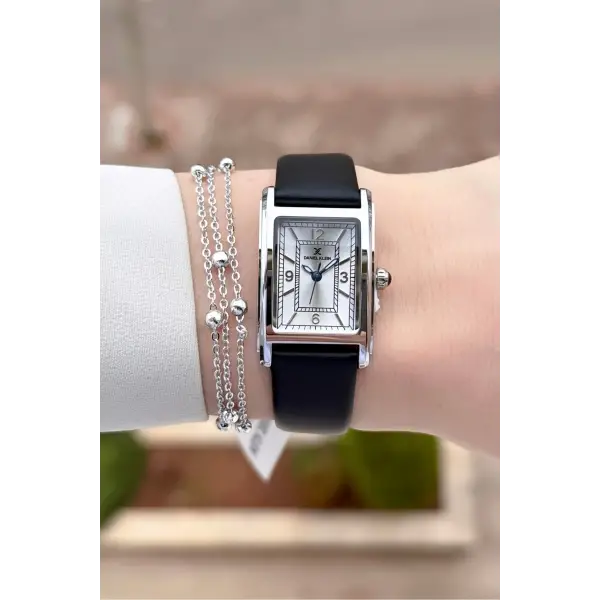 Kasası Gümüş Kordonu Siyah Renk Kadın Kol Saati ve Bileklik