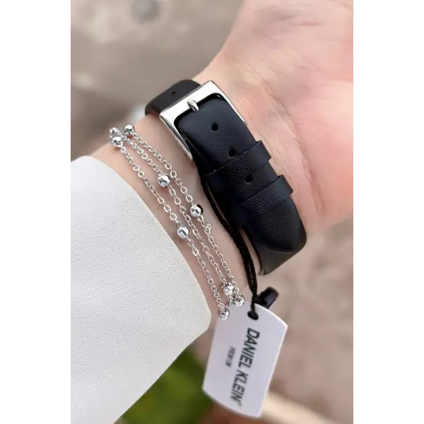 Kasası Gümüş Kordonu Siyah Renk Kadın Kol Saati ve Bileklik