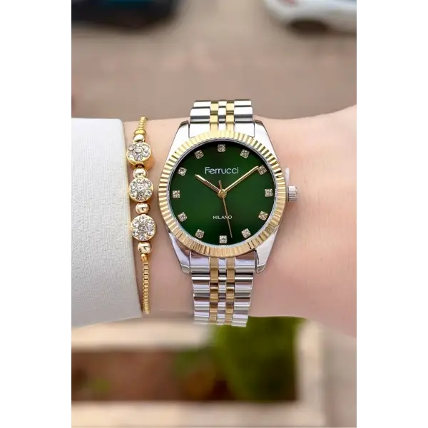 Kadranı Yeşil Kordonu Gold Gümüş Renk Kadın Kol Saati Ve Bileklik