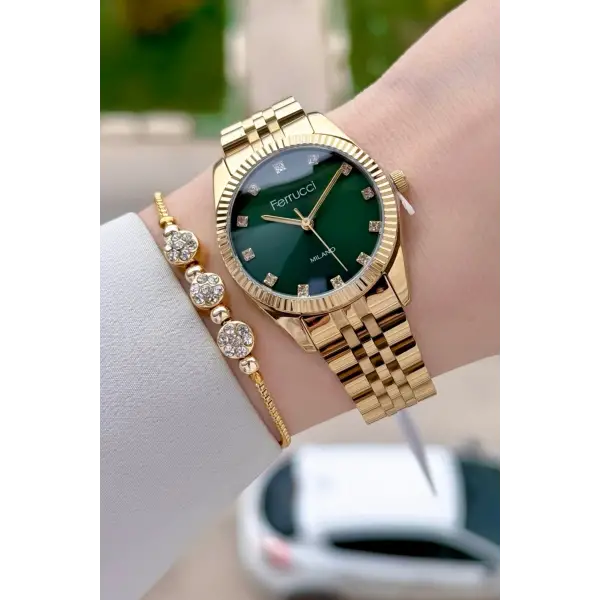 Kadranı Yeşil Kordonu Gold Renk Kadın Kol Saati ve Bileklik