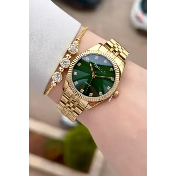 Kadranı Yeşil Kordonu Gold Renk Kadın Kol Saati ve Bileklik