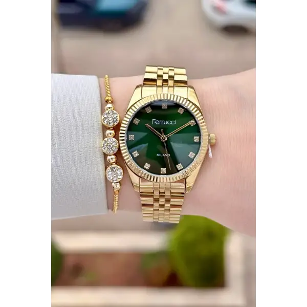 Kadranı Yeşil Kordonu Gold Renk Kadın Kol Saati ve Bileklik