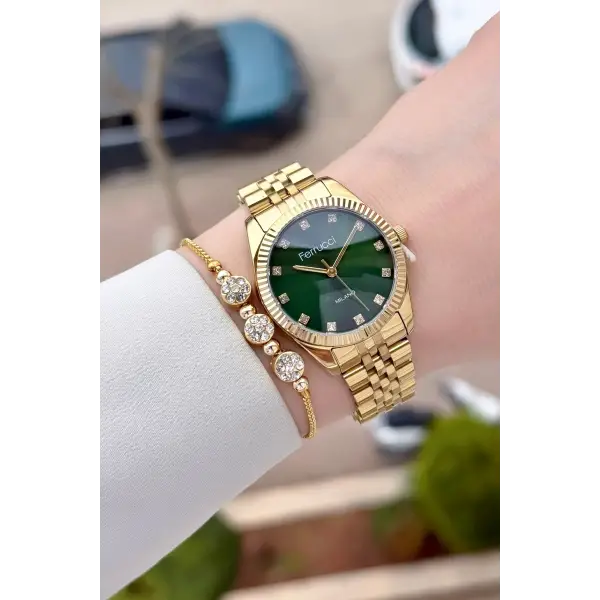 Kadranı Yeşil Kordonu Gold Renk Kadın Kol Saati ve Bileklik