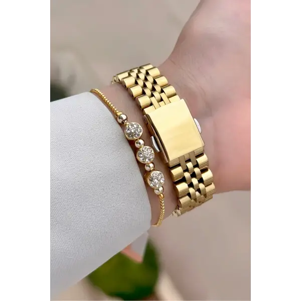 Kadranı Yeşil Kordonu Gold Renk Kadın Kol Saati ve Bileklik