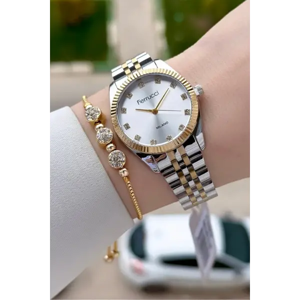 Gold Gümüş Renk Kadın Kol Saati ve Bileklik