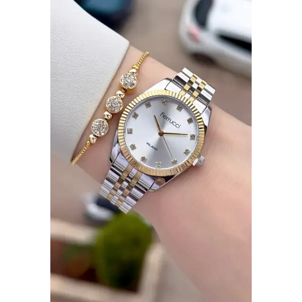 Gold Gümüş Renk Kadın Kol Saati ve Bileklik