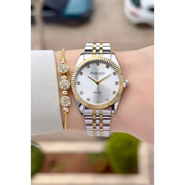 Gold Gümüş Renk Kadın Kol Saati ve Bileklik