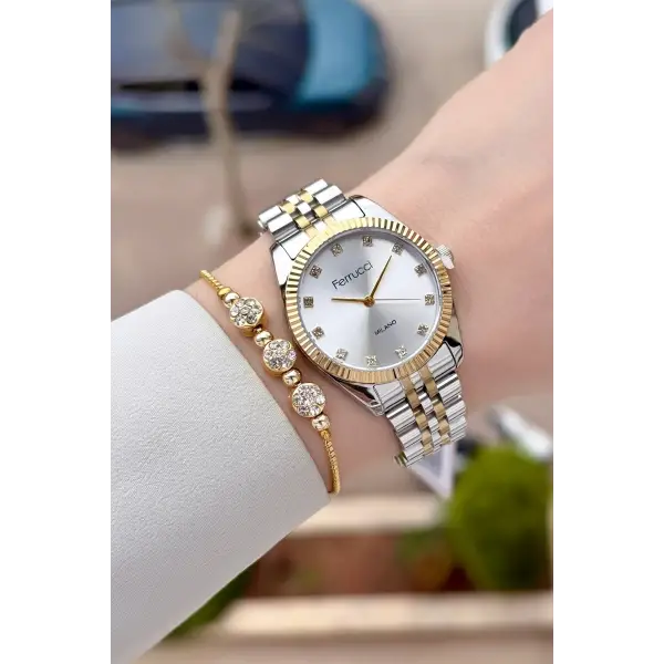 Gold Gümüş Renk Kadın Kol Saati ve Bileklik