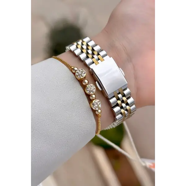 Gold Gümüş Renk Kadın Kol Saati ve Bileklik