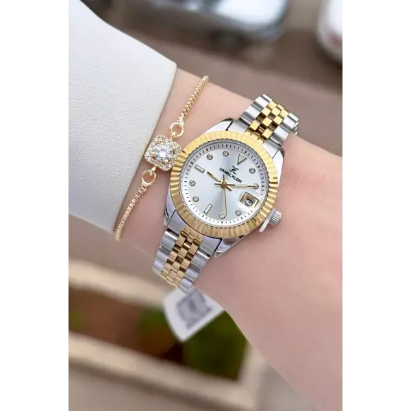 Gold Gümüş Renk 28 mm Kadın Kol Saati ve Bileklik